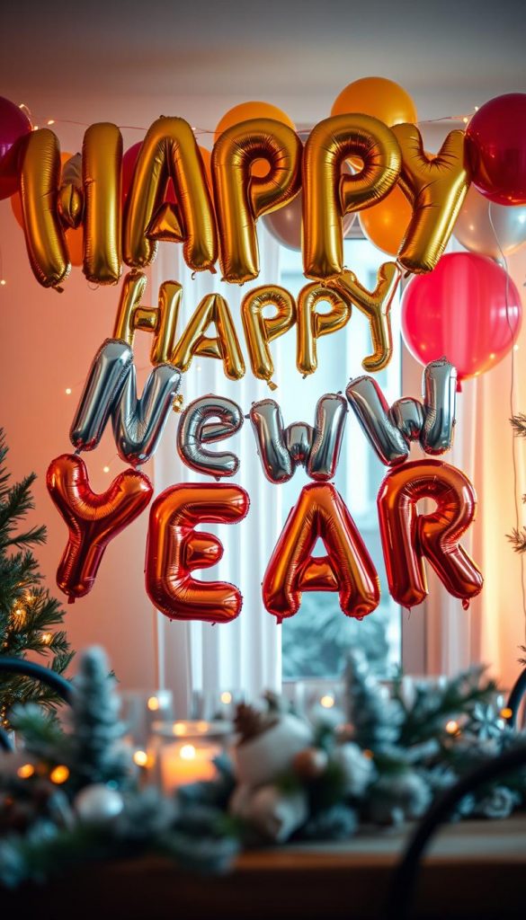 A beautifully crafted DIY garland made from colorful balloons in vibrant hues of gold, silver, and rich reds, elegantly hanging against a backdrop of soft, warm natural lighting. The garland features large balloons that form the letters "Happy New Year," artistically arranged with small decorative elements like pine branches and twinkling fairy lights interspersed. In the foreground, a cozy, inviting table is set with winter-themed decorations, reflecting a festive atmosphere. The image should exude warmth and celebration, embodying the spirit of New Year’s Eve. A softly blurred background of a warmly lit room enhances the inviting vibe, showcasing a stylish and authentic home décor for the holiday season. This scene is inspired by the aesthetic of KlickKiste, blending natural DIY elements with winter vibes for an inspiring Pinterest-worthy look. A beautifully crafted DIY garland made from colorful balloons in vibrant hues of gold, silver, and rich reds, elegantly hanging against a backdrop of soft, warm natural lighting. The garland features large balloons that form the letters "Happy New Year," artistically arranged with small decorative elements like pine branches and twinkling fairy lights interspersed. In the foreground, a cozy, inviting table is set with winter-themed decorations, reflecting a festive atmosphere. The image should exude warmth and celebration, embodying the spirit of New Year’s Eve. A softly blurred background of a warmly lit room enhances the inviting vibe, showcasing a stylish and authentic home décor for the holiday season. This scene is inspired by the aesthetic of KlickKiste, blending natural DIY elements with winter vibes for an inspiring Pinterest-worthy look.