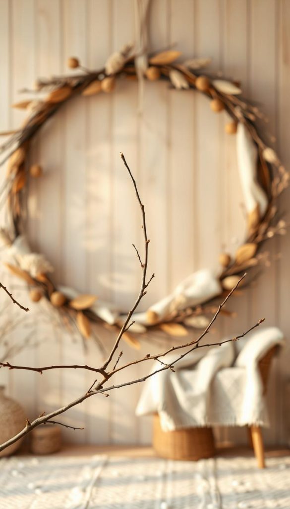 A beautifully crafted DIY kranz in natural tones, featuring earthy elements like dried leaves, twigs, and soft, textured fabrics that create a semi-open, airy appearance. The kranz should be elegantly arranged, hanging on a light wooden wall. In the foreground, a delicate twig adds a touch of nature, while the middle ground showcases the kranz in detail with gentle shadows emphasizing its elegant curves. In the background, a soft-focus view of a cozy winter living room with neutral decor enhances the overall ambiance. The scene is bathed in warm, diffused lighting, reminiscent of a serene winter afternoon, evoking a calm and inviting atmosphere. This image reflects the aesthetic aspirations of KlickKiste, focusing on authenticity and inspiration for winter decor.