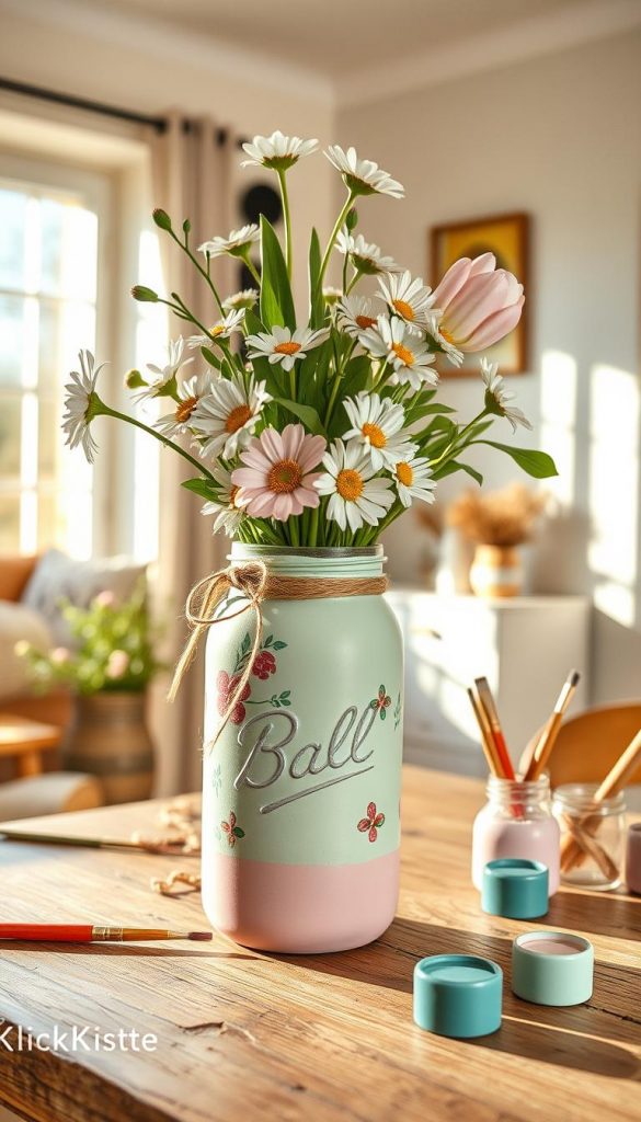A beautifully crafted DIY upcycling vase made from repurposed materials, such as glass jars, painted in soft pastel hues like mint green and blush pink. The vase is adorned with delicate twine and hand-painted floral designs, brimming with fresh spring flowers like daisies and tulips. The foreground features the vase elegantly positioned on a rustic wooden table, surrounded by crafting supplies like paintbrushes and small pots of paint, conveying a creative atmosphere. In the background, a bright and airy room is visible, with sunlight streaming through a window, illuminating the scene and casting gentle shadows. The overall mood is warm and inspiring, suggesting a cozy DIY corner in a home, perfectly in line with the theme of home renewal for spring. Include the brand name "KlickKiste" subtly displayed within the scene.