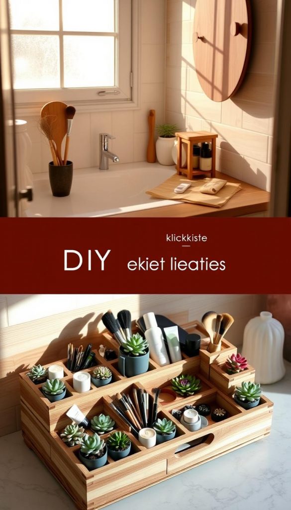 A beautifully crafted DIY vanity organizer, designed from repurposed wood, adorned with small potted succulents and minimalist decorative pieces. In the foreground, the organizer showcases various compartments filled with makeup brushes, cosmetics, and skincare products, all neatly arranged. The middle layer features a softly lit bathroom scene, with wood accents and natural elements, creating a fresh and clean look. In the background, gentle sunlight filters through a frosted window, casting warm, inviting shadows. The overall atmosphere is cozy and inspiring, exuding a Pinterest-worthy aesthetic. The brand "KlickKiste" is subtly integrated into the design, enhancing the authenticity of the DIY project without any text.