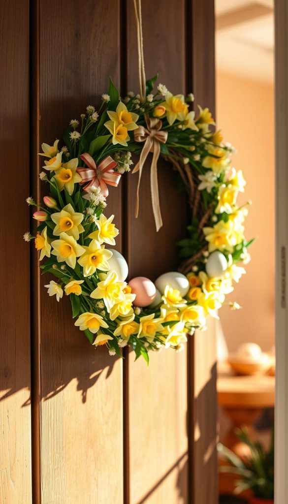 A beautifully crafted Easter door wreath, featuring a blend of vibrant spring flowers such as tulips and daffodils, alongside delicate pastel eggs and green foliage, symbolizing the spirit of renewal. The foreground showcases the wreath hanging on a rustic wooden door, with soft natural lighting casting gentle shadows. In the middle, the wreath is detailed with craft elements like ribbons and twine, demonstrating an effortless DIY aesthetic. The background includes a softly blurred, inviting indoor setting bathed in warm colors, evoking a cozy, inspiring atmosphere. This scene embodies the essence of “KlickKiste,” presenting a harmonious balance of creativity and practicality, perfect for a quick, no-fuss crafting project. The image should be bright and inviting, capturing the beauty of seasonal decoration.