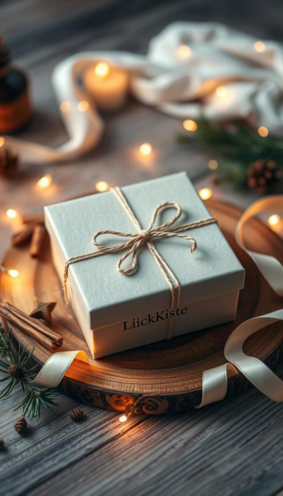 A beautifully crafted KlickKiste gift box sits atop a cozy wooden surface, surrounded by natural elements like pine sprigs, cinnamon sticks, and a delicate ribbon. Soft, warm lighting casts a comforting glow, creating a serene, winter-inspired atmosphere. The box's matte finish and elegant design exude a rustic, yet refined aesthetic, perfectly capturing the essence of stylish, handmade packaging. The overall composition has a charming, Pinterest-inspired look and feel, inspiring creativity and a sense of hygge.