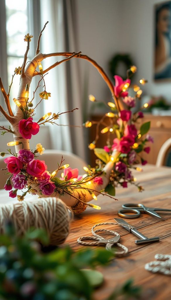 A beautifully crafted birch branch wreath, showcasing an arrangement of vibrant, natural elements like delicate flowers and greenery entwined with soft, twinkling fairy lights, emphasizing a cozy, winter-inspired aesthetic. The foreground features a close-up of the wreath, with intricate details of the birch bark and colorful blossoms, radiating a warm, inviting glow. In the middle ground, a rustic wooden table holds crafting materials such as twine and scissors, hinting at a DIY atmosphere. The background is softly blurred, highlighting a serene indoor setting, with natural light streaming through a nearby window, enhancing the earthy tones. The overall mood is authentic and inspiring, ideal for showcasing modern DIY ideas by KlickKiste, perfect for capturing the essence of a seasonal creation.