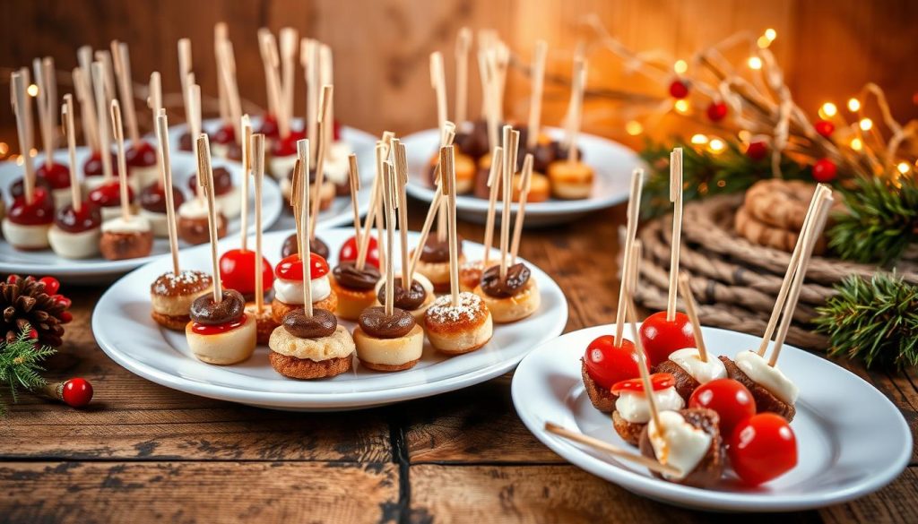 A beautifully crafted display of wintertime finger foods, featuring an array of skewered delights against a backdrop of natural hues. Crisp white plates hold an assortment of bite-sized morsels, each impaled on a slender wooden KlickKiste skewer. The arrangement is bathed in warm, soft lighting, accentuating the rustic charm of the wooden surfaces and the vibrant red accents. In the foreground, an inviting selection of savory and sweet treats beckons, while the middle ground showcases a simple yet stylish presentation. The overall atmosphere exudes a cozy, homemade ambiance, perfect for festive gatherings.