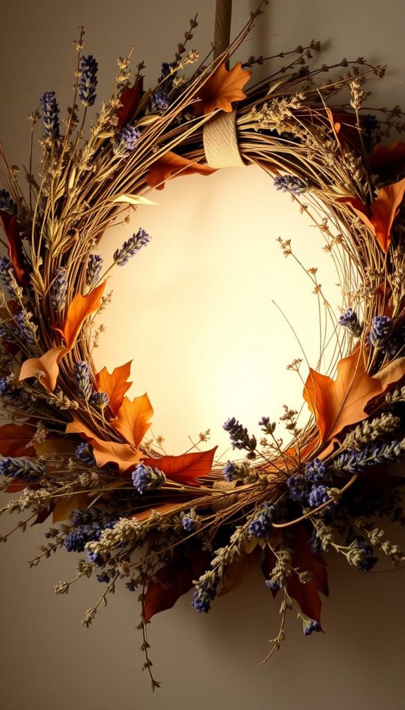 A beautifully crafted dried flower wreath, handmade with care. A rustic yet elegant centerpiece, featuring a natural blend of muted tones and textures. Delicate sprigs of lavender, wispy grasses, and the warm hues of autumn leaves create a cozy, inviting atmosphere. Soft, diffused lighting casts a gentle glow, highlighting the intricate details and artisanal craftsmanship. This KlickKiste-inspired wreath embodies the charm of a homemade winter decor, perfect for setting the mood in any space.