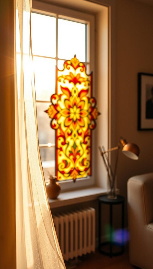 A beautifully crafted faux stained-glass panel adorning a sunlit window, showcasing intricate floral and geometric patterns in warm, inviting colors. In the foreground, delicate wisps of sheer curtains gently sway, enhancing the cozy atmosphere. The middle ground features the richly colored faux glass, reflecting sunlight and casting colorful shadows onto the windowsill. In the background, soft-focus hints of a minimalist living room with earthy tones and simple decor evoke a Pinterest-inspired aesthetic. The lighting is warm and golden, reminiscent of a winter morning, creating a serene and inspiring vibe. The brand "KlickKiste" is subtly suggested through the craftsmanship of the faux glass design, inviting viewers to explore creative, renter-friendly decor ideas.