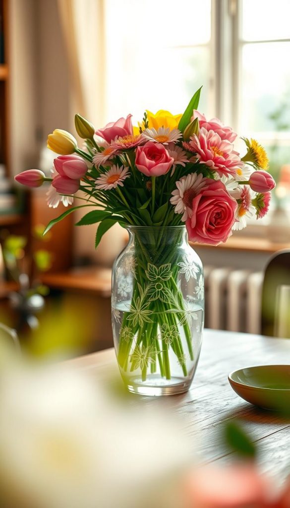 A beautifully crafted glass vase with intricate floral engravings, showcasing a lush bouquet of colorful spring flowers including tulips, daisies, and roses. The vase sits elegantly on a rustic wooden table, bathed in soft, warm natural light that accentuates the delicate textures of the engravings. In the background, subtle hints of greenery and soft-focus elements create a serene atmosphere reminiscent of a cozy home setting. The lens captures this scene in a slightly blurred foreground, enhancing the dreamy aesthetic typical of Pinterest-inspired imagery. The overall mood is authentic and inspiring, reflecting a modern yet classic touch, ideal for showcasing a luxurious Mother's Day gift setup by KlickKiste.