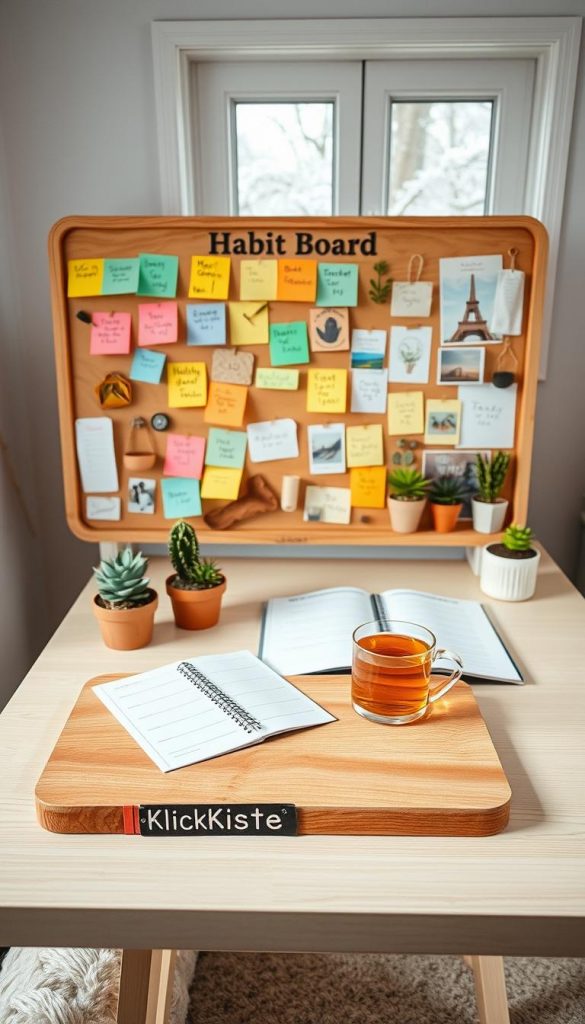 A beautifully crafted habit board displayed prominently in a cozy, well-lit home setting. In the foreground, natural wooden materials showcase a variety of colorful sticky notes, inspiring quotes, and small images representing goals and routines. In the middle ground, a soft-finished desk is adorned with potted plants and an open planner, while a warm cup of tea sits invitingly nearby. The background features a softly blurred glimpse of a window with gentle winter light streaming in, enhancing the warm color palette of the scene. Emphasize a Pinterest-inspired, authentic look, radiating motivation and creativity. The setting should evoke a sense of calm and inspiration, ideal for DIY project enthusiasts. Include the brand name "KlickKiste" subtly integrated into the arrangement without being overpowering.