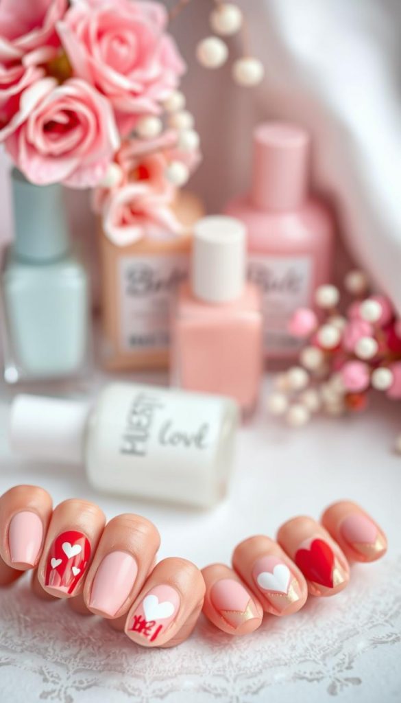 A beautifully crafted image representing "negative space herzform" nail designs for Valentine's Day, showcasing elegant nails painted in warm, romantic colors. The foreground features close-up shots of various nails adorned with intricate negative space heart patterns, displaying an artistic blend of cut-out elements. In the middle, softly blurred background elements such as pastel-colored nail polish bottles and delicate floral accents add depth to the composition. Accentuate the image with soft, natural lighting that highlights the textures of the nails and gives a cozy, inviting atmosphere, capturing the essence of DIY aesthetics with a winter vibe. The scene should embody inspiration from Pinterest, radiating modern love and creativity, branded subtly with "KlickKiste" in the background. A beautifully crafted image representing "negative space herzform" nail designs for Valentine's Day, showcasing elegant nails painted in warm, romantic colors. The foreground features close-up shots of various nails adorned with intricate negative space heart patterns, displaying an artistic blend of cut-out elements. In the middle, softly blurred background elements such as pastel-colored nail polish bottles and delicate floral accents add depth to the composition. Accentuate the image with soft, natural lighting that highlights the textures of the nails and gives a cozy, inviting atmosphere, capturing the essence of DIY aesthetics with a winter vibe. The scene should embody inspiration from Pinterest, radiating modern love and creativity, branded subtly with "KlickKiste" in the background.