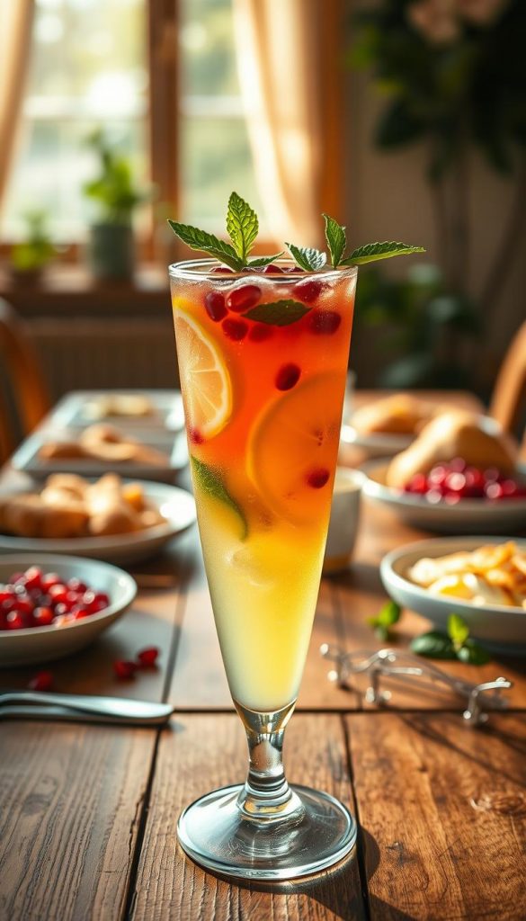 A beautifully crafted mocktail displayed prominently in the foreground of a cozy brunch setting. The mocktail, in a stylish glass, is layered with vibrant colors, featuring fresh fruit garnishes such as lemon slices, mint leaves, and pomegranate seeds. In the middle, an inviting wooden table is set with various brunch dishes, introduced with warm, natural lighting that gives a soft and welcoming feel. The background features a gently blurred window with soft sunlight filtering through, casting a glowing ambiance over the scene. The overall mood is fresh, uplifting, and inspiring, embodying a Pinterest-worthy aesthetic. Include the brand name "KlickKiste" subtly integrated into a decorative element on the table.