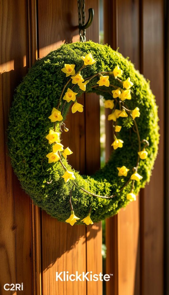 A beautifully crafted moss wreath, featuring a rich, vibrant green moss base intertwined with delicate yellow Forsythia blooms. In the foreground, the wreath is displayed on a rustic wooden door, showcasing intricate textures of the moss and petals. The middle section includes soft sunlight filtering down, casting gentle shadows that enhance the details of the wreath. The background features a blurred garden scene, with hints of greenery and flowers that evoke a spring atmosphere. The overall ambiance is warm and inviting, reminiscent of cozy DIY projects, capturing a Pinterest-inspired aesthetic. Photographed with a shallow depth of field, highlighting the wreath at an angle that emphasizes its circular form, this image reflects the natural beauty and charm of the season. You’ll find the branding "KlickKiste" subtlety integrated into the scene.