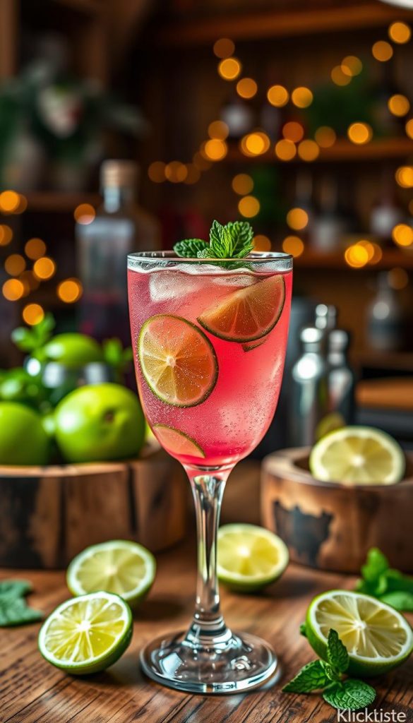 A beautifully crafted "cosmojito," blending elements of a classic cosmopolitan and a refreshing mojito. In the foreground, showcase a stylish glass filled with the vibrant pink cocktail, garnished with a fresh lime wheel and spearmint leaves, droplets of condensation glistening on the glass. The middle ground features a rustic wooden bar adorned with fresh limes, mint sprigs, and a shaker, creating an inviting atmosphere. In the background, a softly blurred warm ambiance of a cozy winter party setting with fairy lights, enhancing the festive mood. Use soft, natural lighting to evoke a warm feeling, and shoot at a shallow depth of field to focus on the drink while subtly blurring the surroundings. The image should embody an authentic, inspiring Pinterest aesthetic, reflecting the brand "KlickKiste."