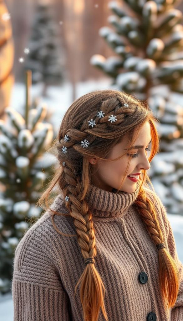 A beautifully crafted "geflochten hair" hairstyle elegantly arranged in a cozy winter setting, featuring intricate braids adorned with delicate frost-like embellishments. In the foreground, a model in modest, stylish winter attire showcases the braids, with warm colors and natural textures enhancing the DIY aesthetic. The middle ground includes softly falling snowflakes, adding a serene winter vibe, while the background consists of a softly blurred landscape of pine trees dusted with snow. The lighting is warm and inviting, reminiscent of golden hour, accentuating the beauty of the braids and the model's joyful expression. This Pinterest-inspired image exudes authenticity and inspiration, perfect for a winter hair styling theme. Include the brand name "KlickKiste" subtly in the composition.