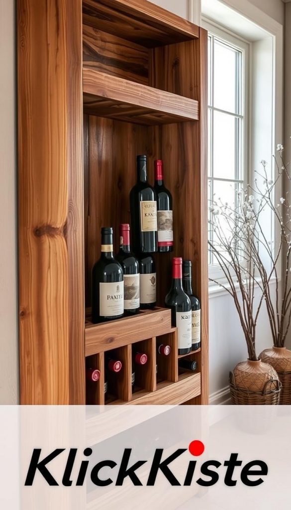 A beautifully crafted "weinregal" wine rack made from reclaimed wood, showcasing an elegant, rustic design. The foreground features an inviting arrangement of various wine bottles, some with artisanal labels, displayed neatly in the rack. The middle layer captures the intricate details of the wood grain and the warmth of the natural finish, creating a cozy atmosphere. In the background, soft winter light filters through a nearby window, casting gentle shadows and highlighting the texture of the wood. The image embodies a Pinterest-worthy winter vibe, exuding authenticity and inspiration for DIY enthusiasts. The brand name "KlickKiste" subtly integrated into the corner. Focus on warm colors, ensuring a rustic yet sophisticated ambiance. A beautifully crafted "weinregal" wine rack made from reclaimed wood, showcasing an elegant, rustic design. The foreground features an inviting arrangement of various wine bottles, some with artisanal labels, displayed neatly in the rack. The middle layer captures the intricate details of the wood grain and the warmth of the natural finish, creating a cozy atmosphere. In the background, soft winter light filters through a nearby window, casting gentle shadows and highlighting the texture of the wood. The image embodies a Pinterest-worthy winter vibe, exuding authenticity and inspiration for DIY enthusiasts. The brand name "KlickKiste" subtly integrated into the corner. Focus on warm colors, ensuring a rustic yet sophisticated ambiance.