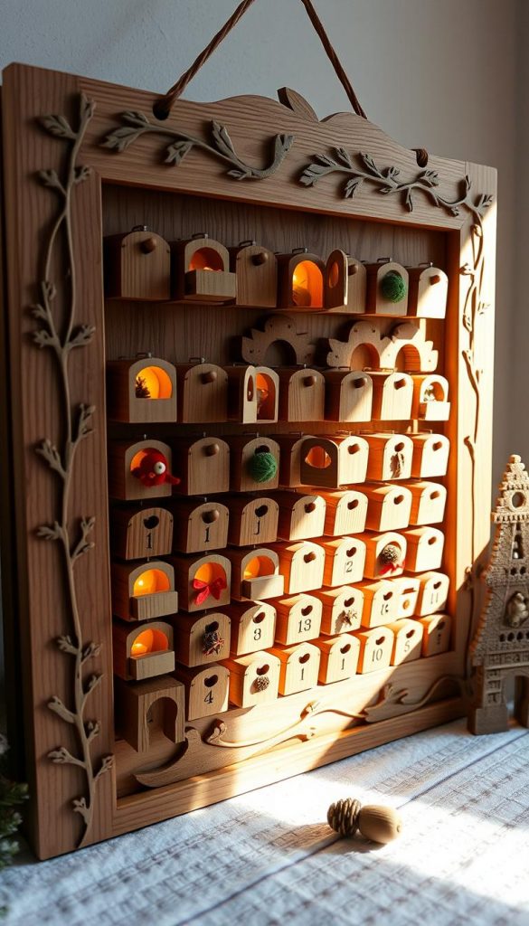 A beautifully crafted, rustic wooden calendar with a handmade, artisanal feel. The frame is adorned with delicate, nature-inspired carvings, casting soft shadows. Tucked inside are 24 little doors, each hiding a cozy, festive surprise. Warm, earthy tones of brown, green, and red create a soothing, winter-inspired palette. Gentle natural lighting illuminates the scene, evoking a sense of coziness and anticipation. The overall composition has a charming, Pinterest-inspired aesthetic, perfect for capturing the spirit of the holiday season.