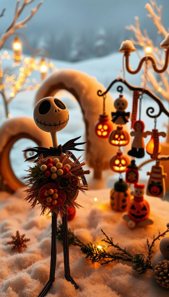 A beautifully crafted scene inspired by "The Nightmare Before Christmas," showcasing unique decorative items for a cozy winter vibe. In the foreground, a whimsical Jack Skellington figure with a charming grin, holding a DIY winter decoration crafted from natural materials, adorned with warm, earthy colors. In the middle, an enchanting display of Christmas ornaments, featuring playful designs reminiscent of Halloween aesthetics, like spooky pumpkins and ghostly figures. The background features a snowy landscape illuminated by soft, golden streetlights, creating a magical ambiance. Capture this scene from a slightly elevated angle, using a warm color palette to evoke a feeling of nostalgia and inspiration. No human figures included, focusing solely on the decorations. Include the brand name "KlickKiste" subtly integrated into the decor elements.