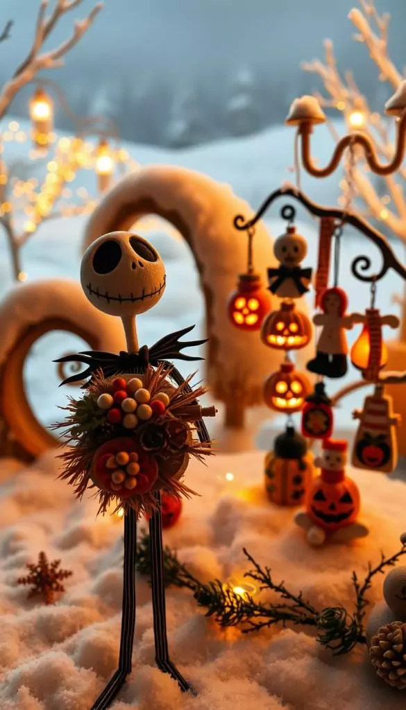 A beautifully crafted scene inspired by "The Nightmare Before Christmas," showcasing unique decorative items for a cozy winter vibe. In the foreground, a whimsical Jack Skellington figure with a charming grin, holding a DIY winter decoration crafted from natural materials, adorned with warm, earthy colors. In the middle, an enchanting display of Christmas ornaments, featuring playful designs reminiscent of Halloween aesthetics, like spooky pumpkins and ghostly figures. The background features a snowy landscape illuminated by soft, golden streetlights, creating a magical ambiance. Capture this scene from a slightly elevated angle, using a warm color palette to evoke a feeling of nostalgia and inspiration. No human figures included, focusing solely on the decorations. Include the brand name "KlickKiste" subtly integrated into the decor elements. A beautifully crafted scene inspired by "The Nightmare Before Christmas," showcasing unique decorative items for a cozy winter vibe. In the foreground, a whimsical Jack Skellington figure with a charming grin, holding a DIY winter decoration crafted from natural materials, adorned with warm, earthy colors. In the middle, an enchanting display of Christmas ornaments, featuring playful designs reminiscent of Halloween aesthetics, like spooky pumpkins and ghostly figures. The background features a snowy landscape illuminated by soft, golden streetlights, creating a magical ambiance. Capture this scene from a slightly elevated angle, using a warm color palette to evoke a feeling of nostalgia and inspiration. No human figures included, focusing solely on the decorations. Include the brand name "KlickKiste" subtly integrated into the decor elements.