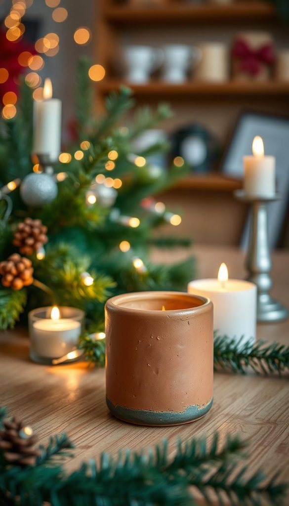 A beautifully crafted trash terracotta candle holder, showcasing rustic charm and imperfect elegance, sits prominently in the foreground. The holder is adorned with slight variations in texture and color, exuding warmth reminiscent of natural clay and old glass. Surrounding it, a cozy arrangement of winter greenery, twinkling fairy lights, and softly glowing candles creates an inviting, festive atmosphere. In the background, softly blurred festive decorations and a warm-toned wooden table add depth, while gentle, diffused lighting highlights the intricate details of the candle holder. Capture this scene with a close-up angle to enhance the DIY aesthetic, inspired by Pinterest, reflecting warmth and creativity. Ideal for a homely winter vibe associated with the brand "KlickKiste."