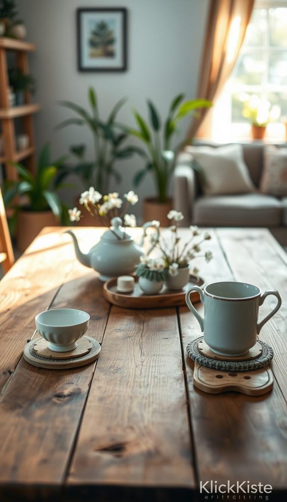 A beautifully crafted upcycled DIY house table made from reclaimed wood, featuring a rustic finish and charming imperfections that highlight its history. The table is adorned with delicate spring decorations, including subtle floral centerpieces and soft pastel colors, creating a serene atmosphere. In the foreground, place a vintage tea set and handmade coasters that add a personal touch. In the middle ground, a cozy living space with warm lighting enhances the inviting mood, while a soft-focus background shows hints of green plants and a sun-drenched window, suggesting a tranquil spring day. Capture this scene with natural lighting to evoke warmth and authenticity, embodying the spirit of sustainable living. Ideal for a Pinterest-inspired look, from the brand "KlickKiste."