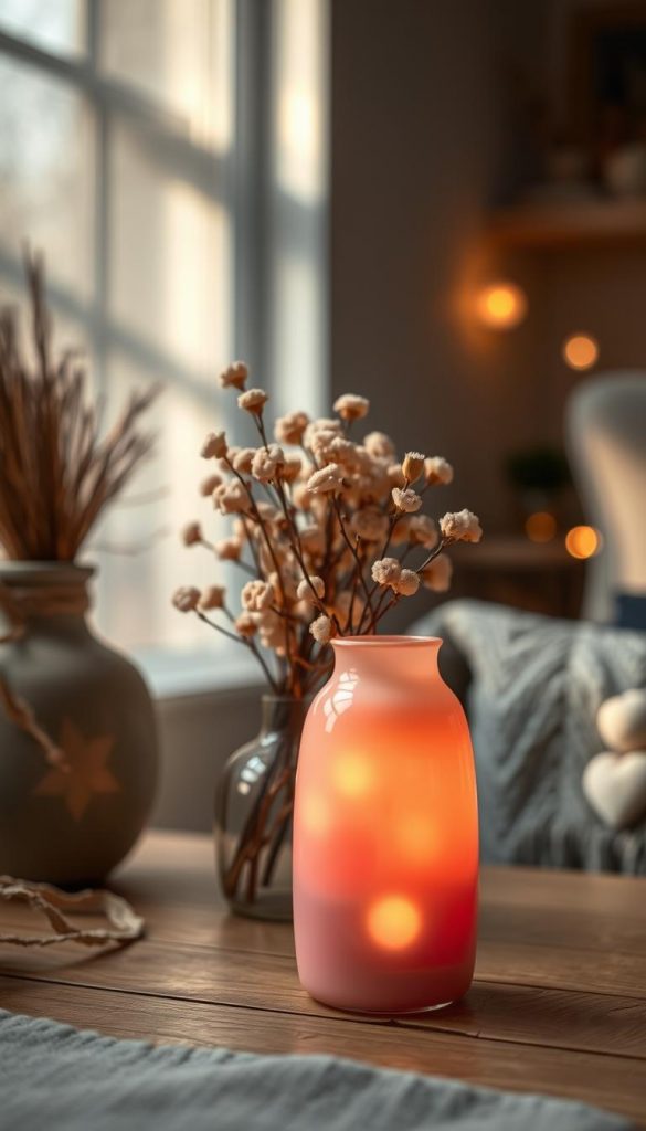 A beautifully crafted vase designed for ambient lighting, featuring warm, soft pink hues that complement a cozy winter atmosphere. The foreground showcases the vase, illuminated from within, casting gentle light patterns on nearby surfaces. In the middle, a softly blurred arrangement of dried flowers in pastel tones adds a touch of natural elegance. The background captures a serene indoor setting, with textured walls in muted colors and hints of seasonal decor, evoking a Pinterest-worthy aesthetic. The overall mood is calm and inviting, perfect for creating a relaxing space. Shot with a shallow depth of field to emphasize the vase, using natural light to enhance the warmth and authenticity. Designed by KlickKiste, the image embodies a DIY charm that inspires creativity and comfort.