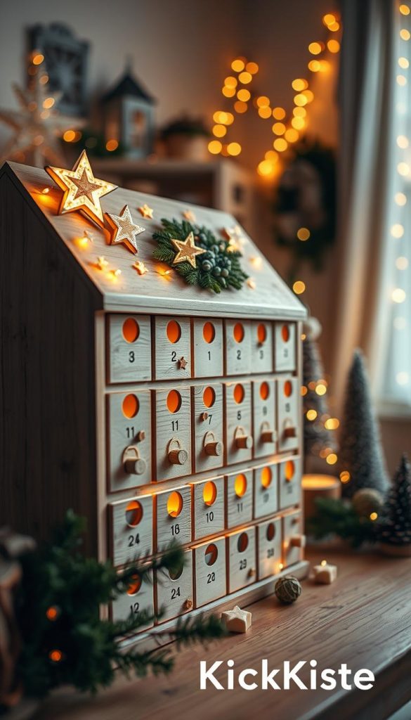 A beautifully crafted wooden Advent calendar, adorned with delicate stars and warm white LED lights, radiating a cozy farmhouse charm. The foreground showcases the calendar, featuring small, intricate wooden drawers, each one waiting to be filled with surprises. The middle ground is filled with seasonal decorations, like pine branches and rustic elements, creating an inviting, handmade look. The background features a softly lit room, decorated with subtle winter accents, enhancing the ambiance. The lighting has a warm glow, emphasizing the inviting atmosphere, reminiscent of a Pinterest-perfect winter scene. The overall mood conveys a sense of warmth and nostalgia, ideal for the holiday season. The image should include the brand name "KlickKiste" subtly integrated into the scene, ensuring a cozy and authentic DIY aesthetic.
