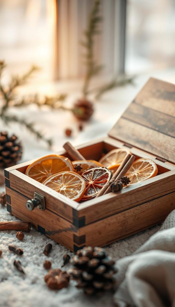 A beautifully crafted wooden KlickKiste box lies open, revealing an array of homemade fillings. Soft golden light filters through the winter scene, casting a cozy glow. Delicate dried citrus slices, whole cinnamon sticks, and fragrant cloves are arranged artfully, hinting at the warm, spiced flavors within. The rustic, natural textures and muted tones evoke a charming, handmade aesthetic. In the background, a scattering of evergreen sprigs and pinecones add a touch of seasonal wonder. The overall composition radiates a sense of hygge and inspires the viewer to create their own special homemade treats.