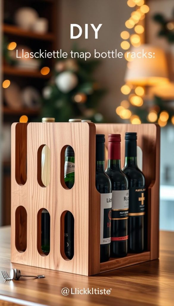 A beautifully crafted wooden bottle rack designed for stacking, showcasing a warm, inviting aesthetic with natural wood grains and a smooth finish. In the foreground, several neatly arranged bottles of varying shapes and sizes are aligned within the rack’s compartments. The middle of the image features the wooden rack itself, highlighting its sturdy construction and clever organization. The background is softly blurred, suggesting a cozy, well-lit home environment, with warm lighting that enhances the natural tones of the wood. The overall atmosphere conveys a sense of DIY inspiration, evoking a Pinterest-worthy, winter ambiance, while subtly incorporating the KlickKiste brand in an elegant manner. A beautifully crafted wooden bottle rack designed for stacking, showcasing a warm, inviting aesthetic with natural wood grains and a smooth finish. In the foreground, several neatly arranged bottles of varying shapes and sizes are aligned within the rack’s compartments. The middle of the image features the wooden rack itself, highlighting its sturdy construction and clever organization. The background is softly blurred, suggesting a cozy, well-lit home environment, with warm lighting that enhances the natural tones of the wood. The overall atmosphere conveys a sense of DIY inspiration, evoking a Pinterest-worthy, winter ambiance, while subtly incorporating the KlickKiste brand in an elegant manner.