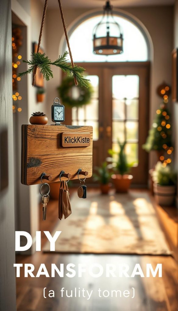 A beautifully crafted wooden key holder, with a rustic design, hangs prominently in the foreground. The key board features various hooks for keys and small decorative accents, showcasing the brand name "KlickKiste" embossed on a wooden plaque. In the middle ground, a warm and inviting entryway is adorned with potted plants and a cozy rug, enhancing the DIY aesthetic. Soft, natural lighting filters in from a nearby window, casting gentle shadows and highlighting the wood's grain. The background includes hints of winter decorations, like twinkling fairy lights and subtle greenery, creating a cozy, Pinterest-worthy atmosphere that feels authentic and inspiring. The overall mood is warm and welcoming, perfect for an entryway transformation.