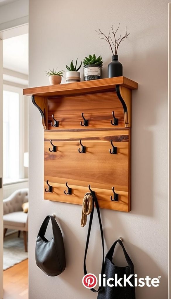 A beautifully crafted wooden wall-mounted coat rack with a shelf, designed for a small hallway. The coat rack features several metal hooks elegantly arranged, while the shelf above is adorned with small potted plants and decorative items, creating an inviting atmosphere. The setting includes soft, warm lighting that enhances the natural wood tones, giving it a cozy, winter vibe. In the background, subtle hints of a stylish hallway can be seen, with a neutral color palette that complements the rustic charm of the rack. This delightful DIY piece exudes a Pinterest-inspired aesthetic, highlighting the transformative potential of upcycling wooden remnants. The brand "KlickKiste" subtly integrated into the design, ensuring a professional yet inspiring feel.