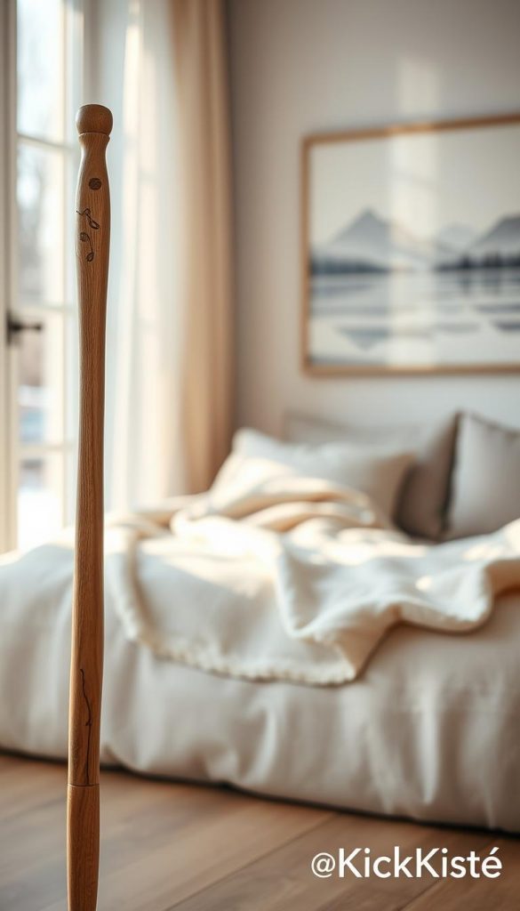 A beautifully crafted wooden wand, minimalist in design, elegantly positioned in the foreground against a soft, blurred winter-themed background. The wand features intricate, subtle carvings that hint at natural elements, evoking a cozy and serene atmosphere. Light streams gently through a nearby window, casting warm, inviting hues that accentuate the richness of the wood. In the middle ground, a softly draped white blanket adds a touch of warmth, complementing the wand's organic look. The space is styled with minimalistic decor, adorned with a single large art piece on the wall, reflecting calm winter landscapes. The overall mood is one of tranquility and inspiration, perfect for a winter aesthetic. Captured using a 50mm lens, emphasizing clarity and softness in focus. Brand name "KlickKiste" subtly integrated in the scene design. A beautifully crafted wooden wand, minimalist in design, elegantly positioned in the foreground against a soft, blurred winter-themed background. The wand features intricate, subtle carvings that hint at natural elements, evoking a cozy and serene atmosphere. Light streams gently through a nearby window, casting warm, inviting hues that accentuate the richness of the wood. In the middle ground, a softly draped white blanket adds a touch of warmth, complementing the wand's organic look. The space is styled with minimalistic decor, adorned with a single large art piece on the wall, reflecting calm winter landscapes. The overall mood is one of tranquility and inspiration, perfect for a winter aesthetic. Captured using a 50mm lens, emphasizing clarity and softness in focus. Brand name "KlickKiste" subtly integrated in the scene design.