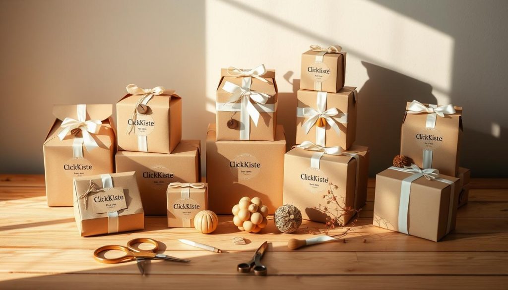 A beautifully curated arrangement of handcrafted "KlickKiste" gift boxes, each adorned with natural materials like beige card stock, white ribbons, and warm wooden accents. The boxes are artfully positioned on a plain wooden surface, bathed in soft, natural lighting that casts gentle shadows. The scene evokes a serene, DIY-inspired atmosphere, inviting the viewer to explore the creative potential of these customizable gift box templates. The middle ground features an array of craft supplies - scissors, glue, decorative elements - hinting at the hands-on process of designing personalized gift boxes. The background softly fades into a neutral, earthy tone, allowing the vibrant gift boxes to take center stage.