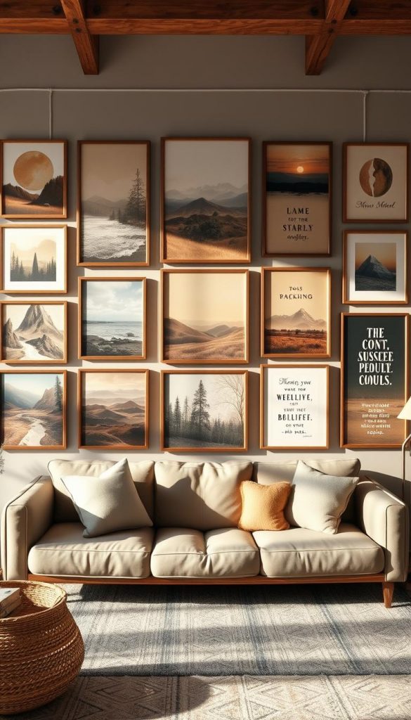 A beautifully curated gallery wall featuring a harmonious blend of oversized wall art pieces, each with unique textures and colors in warm hues, exuding a cozy, inviting atmosphere. The foreground showcases a variety of framed artworks, including abstract designs, landscapes, and inspirational quotes, artfully arranged to achieve a balanced composition. In the middle, a soft, neutral-toned sofa adorned with comfortable pillows complements the art, enhancing the inviting feel. The background features a well-lit room with natural light filtering through large windows, adding warmth and depth to the scene, reminiscent of a Pinterest-inspired DIY space. Capture this aesthetic in a cozy winter setting, reflecting an authentic and inspiring vibe. Include elements that suggest craftsmanship, like subtle wooden accents or decorative plants. Brand: KlickKiste.