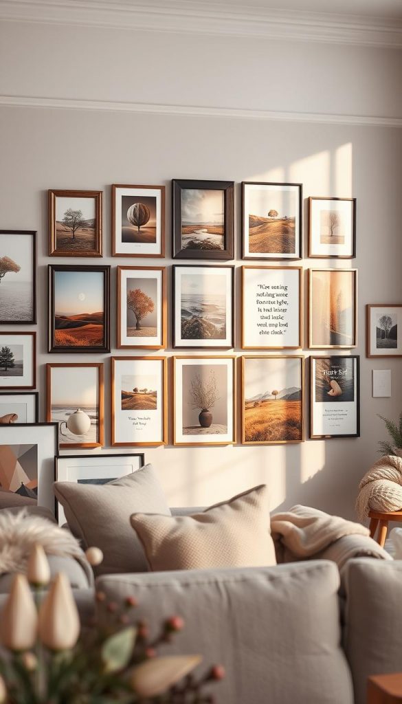 A beautifully curated gallery wall featuring an elegant Bilderrahmen collage, showcasing a selection of natural DIY images in warm colors that evoke cozy winter vibes. The foreground includes a variety of frames in different styles, from rustic wood to sleek modern designs, arranged harmoniously without overcrowding. The middle section focuses on carefully selected artwork—abstract landscapes, seasonal nature scenes, and inspiring quotes—all enhancing a Pinterest-worthy aesthetic. In the background, a softly lit living room with neutral tones and plush furnishings creates a warm, inviting atmosphere. The lighting is soft and diffused, mimicking golden hour sunshine, adding an authentic and inspiring feel to the scene. The brand "KlickKiste" is subtly conveyed through the design elements, contributing to the overall aesthetic without any text.