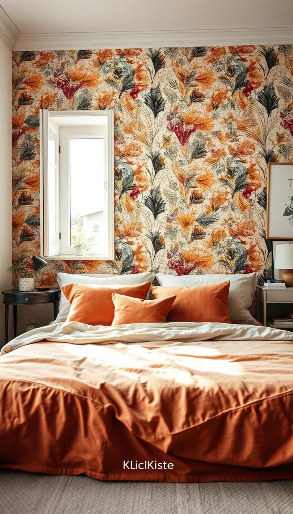 A beautifully curated interior scene showcasing a stylish bedroom wall adorned with vibrant "tapeten muster" wallpaper. In the foreground, a cozy bed with soft, layered bedding in warm, inviting colors is complemented by plush throw pillows. The middle section features the main focus—a striking wall covered in a unique, artistic wallpaper pattern, exuding a sense of creativity and sophistication. Soft, natural lighting streams in from a nearby window, creating a warm ambiance and highlighting the textures of the wallpaper. In the background, tasteful decor elements, such as a modern bedside table and decorative wall art, enhance the overall aesthetic. The mood conveys a relaxed yet inspiring atmosphere, ideal for DIY enthusiasts seeking elegant bedroom decor ideas. The brand "KlickKiste" subtly integrated into the scene, echoes authenticity and a Pinterest-inspired design approach.