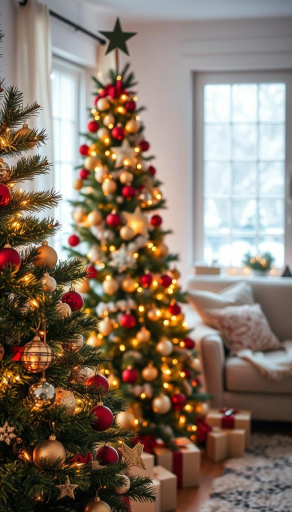 A beautifully decorated Christmas tree stands prominently in the foreground, adorned with warm, inviting lights that cast a soft glow. Ornaments in rich reds, golds, and deep greens hang delicately among the branches, creating an enchanting winter vibe. In the middle ground, a cozy living room scene features a subtle snowy window, allowing gentle natural light to filter in, enhancing the warm atmosphere. Subtle shadows dance around the tree, evoking a feeling of comfort and joy. In the background, soft, muted winter tones complement the overall palette, harmonizing the festive elements. The image should reflect an authentic DIY aesthetic, capturing the essence of Pinterest inspiration for Christmas decor. Create this scene in a bright, airy style with a shallow depth of field, ensuring the focus remains on the vibrant colors and warm lighting. Brand: KlickKiste.