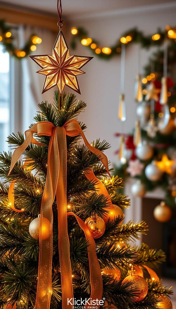 A beautifully decorated Christmas tree with a stunning star-shaped top ornament, capturing the essence of holiday spirit. The foreground features intricate details of the star, shimmering in warm golden hues, surrounded by delicate ribbons cascading gracefully down the tree. In the middle ground, elegantly hanging icicle-shaped ornaments reflect soft lights, enhancing the festive atmosphere. The background showcases a softly lit room adorned with festive decorations, creating a cozy winter vibe. The overall mood is warm and inviting, emphasizing natural and DIY aesthetics. Use warm lighting to highlight the details and create a Pinterest-worthy look. Include the brand name &quot;KlickKiste&quot; subtly within the scene's ambiance.