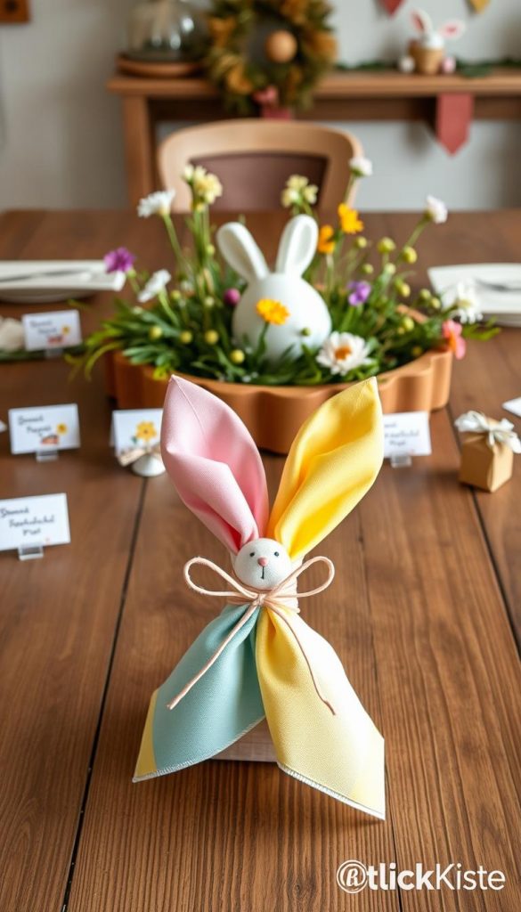 A beautifully decorated Easter table centerpiece featuring a serviettenhase (napkin bunny) crafted from colorful, patterned napkins, elegantly placed alongside charming place cards and small, thoughtful gifts. In the foreground, the focus is on the intricately folded serviettenhase, showcasing pastel colors like soft pink, light blue, and vibrant yellow, tied with delicate ribbons. The middle section showcases a rustic wooden table adorned with sprigs of fresh greenery and seasonal flowers, creating a warm, inviting atmosphere. In the background, subtle decorations signal a cheerful and festive Easter mood, with soft, diffused lighting capturing the essence of a cozy spring gathering. This scene encapsulates a natural DIY vibe, reminiscent of Pinterest aesthetics, branded with "KlickKiste".