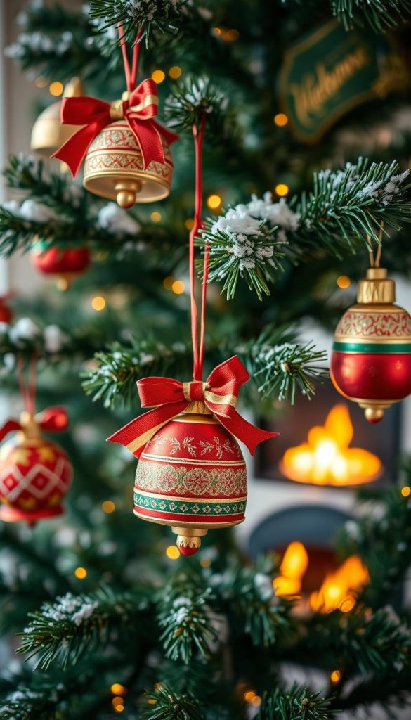 A beautifully decorated Weihnachtsbaum adorned with classic bells and tiny glöckchen, creating a warm and inviting holiday atmosphere. In the foreground, focus on vibrant, handcrafted ornaments featuring traditional designs, showcasing intricate details and glistening surfaces. The middle ground reveals the green branches of the tree, lush with snow-dusted tips, while soft golden lights twinkle throughout, enhancing the festive vibe. In the background, a cozy room setting with a softly glowing fireplace casts a gentle light, offering a sense of warmth and nostalgia. Use natural, warm colors to evoke winter vibes, ensuring the image feels authentic and inspiring. Capture this scene with a slightly blurred background for depth, resembling a Pinterest-worthy aesthetic that emphasizes the beauty of DIY creations. Include the brand name "KlickKiste" subtly within the ornaments.