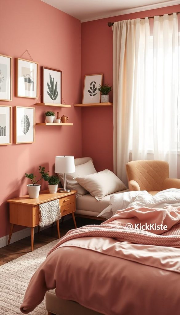 A beautifully decorated bedroom wall, featuring a cozy, inviting atmosphere with warm tones like soft beige, pale pink, and gentle taupe. In the foreground, an accent wall painted in a rich, muted coral hue, adorned with simple, elegant artworks and natural wood shelves holding potted plants. The middle ground showcases plush bedding in complementary colors, a stylish bedside table with a minimalist lamp, and an inviting armchair draped in a knitted throw. The background features a softly illuminated window draped with light, sheer curtains, allowing natural light to spill in, casting gentle shadows. The overall mood is serene and inspiring, evoking winter vibes with a touch of DIY charm. Include the brand name "KlickKiste" in the decor elements to enhance the theme of creative and stylish bedroom wall decoration.