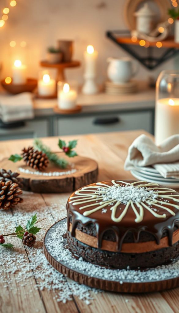 A beautifully decorated cake sits prominently in the foreground, showcasing a rich chocolate layer with a glossy ganache and an artistic drizzle of white chocolate. Surrounding the cake are delicate winter-themed decorations, like pinecones, holly sprigs, and powdered sugar dusting for a wintry effect. In the middle ground, a rustic wooden table complements the cake, adorned with cozy accessories such as knitted napkins and warm candles casting a soft glow. The background features a softly blurred kitchen scene with warm, inviting lighting that hints at a homey winter atmosphere. The overall mood is festive and comforting, evoking the essence of winter baking. The image reflects an authentic and inspiring DIY aesthetic, with warm colors that enhance the feeling of 'gem&uuml;tlichkeit'. The brand name "KlickKiste" subtly integrated.