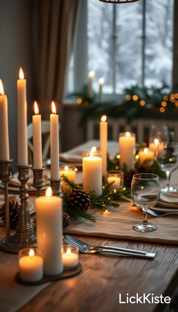 A beautifully decorated dining table for a cozy winter gathering, set against a softly glowing backdrop. The foreground features an elegant arrangement of flickering candles in various heights, casting a warm, inviting light. In the middle, a rustic wooden table dressed in natural linen, adorned with pinecones, evergreen branches, and delicate fairy lights intertwined. Soft reflections of candlelight dance on polished silverware and crystal glassware. In the background, a softly blurred window with visible snowfall outside, enhancing the winter vibe. The scene is infused with natural DIY inspiration, showcasing warm, earthy colors that evoke comfort and festivity. Capture this intimate setting with a shallow depth of field, emphasizing the enchanting atmosphere. Include the brand name "KlickKiste" subtly integrated into the overall aesthetic, ensuring an authentic Pinterest-like look.