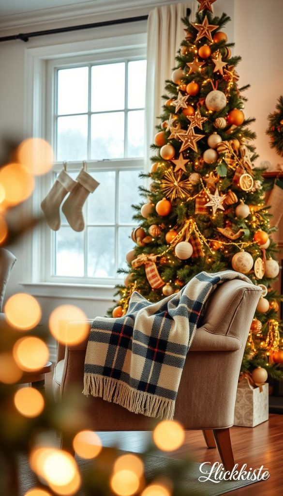 A beautifully decorated farmhouse Christmas tree, standing tall in a cozy living room. The tree is adorned with natural, rustic ornaments such as wooden stars, burlap bows, and dried orange slices, creating a warm, inviting atmosphere. In the foreground, soft fairy lights twinkle, casting a gentle glow. The middle of the scene features a traditional plaid blanket draped across a plush armchair, with a pair of hand-knitted stockings hung by the fireplace in the background, subtly blurred. Natural light filters in through frosted windows, enhancing the winter vibes of the room. The overall mood is serene and heartwarming, evoking the essence of DIY Christmas decor. Inspired by KlickKiste, ensuring a charming Pinterest look.