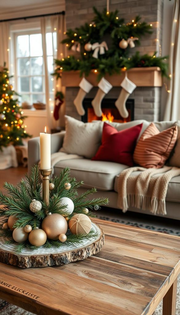 A beautifully decorated living room for the holidays, showcasing five distinct styles from natural to glam. In the foreground, a rustic coffee table adorned with a handmade centerpiece of pine branches, warm candles, and festive ornaments in natural tones. The middle ground features a cozy sofa draped with a knitted throw and plush pillows in rich, jewel tones. The background shows a fireplace with stockings hung, emanating a soft, warm glow. Gentle fairy lights twinkle around the windows, creating an inviting atmosphere. The overall color palette consists of warm whites, deep greens, and hints of gold. Captured in soft lighting, at a slightly elevated angle to emphasize the cozy vibe, this scene reflects a Pinterest-worthy holiday spirit, inspired by the brand "KlickKiste."