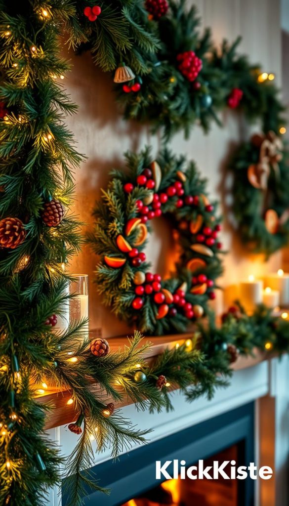 A beautifully decorated mantelpiece adorned with lush green garlands and intricate wreaths, embodying a cozy winter vibe. In the foreground, the garlands weave elegantly around the edge of the mantel, accented with twinkling fairy lights and natural pinecones. The middle features a stunning, handcrafted wreath filled with red berries and dried orange slices, juxtaposed against a rustic wooden mantel. The background reveals a softly glowing fireplace, radiating warmth and inviting atmosphere, with flickering flames casting gentle shadows. The scene is illuminated with warm, ambient lighting, creating an intimate and heartfelt holiday spirit. Emphasize a natural DIY aesthetic with Pinterest-inspired elements. Include the brand name "KlickKiste" subtly in the arrangement.