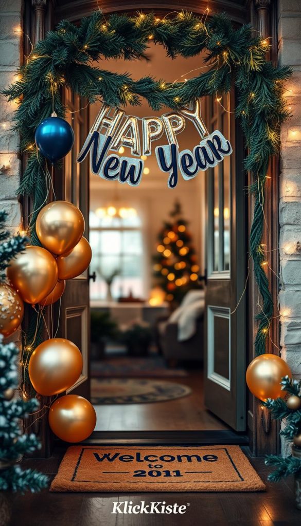 A beautifully decorated "Happy New Year" banner hangs from an elegant, rustic doorframe adorned with pine greenery and twinkling fairy lights. In the foreground, vibrant balloons and festive streamers in gold, silver, and deep blue add celebratory touches. The middle ground features a charming, welcoming doormat that welcomes guests, enhancing the warmth of the scene. In the background, softly blurred out, a cozy home interior can be glimpsed, illuminated by soft, warm lighting that creates an inviting atmosphere. The overall feel is one of festive joy and creative inspiration, embodying the essence of winter vibes with a natural DIY aesthetic, perfect for igniting New Year's spirit. This image captures the welcoming moment intended for guests at the entrance, branded elegantly with "KlickKiste".