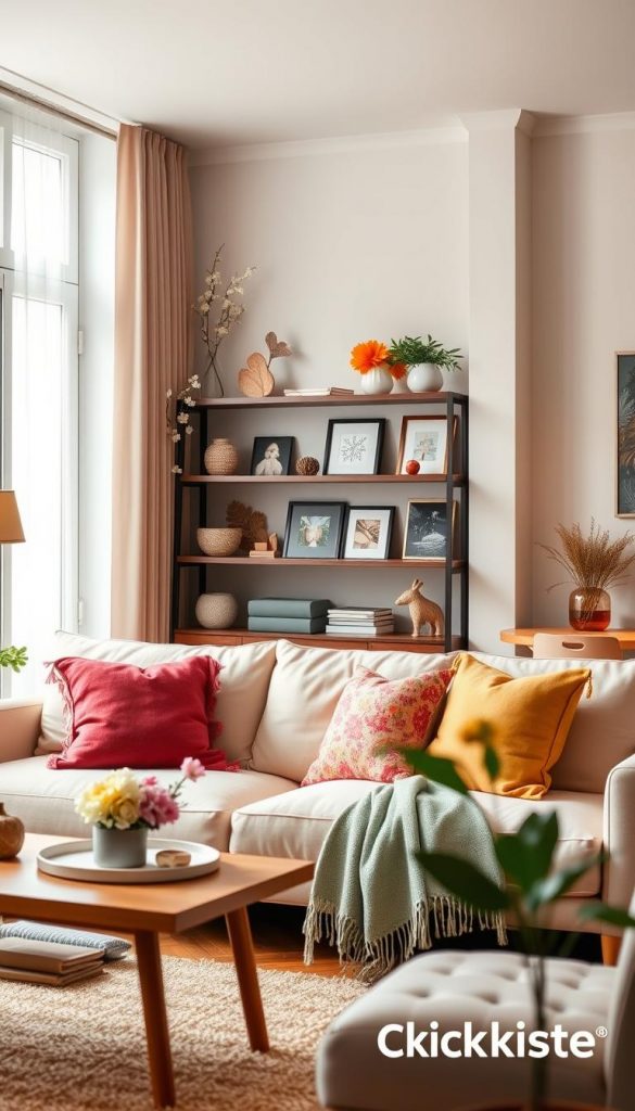 A beautifully decorated rental apartment showcasing seasonal decor from spring to winter, highlighting renter-friendly decoration hacks without drilling. In the foreground, a cozy living room features a soft pastel-colored couch adorned with vibrant cushions, a seasonally themed throw, and a charming coffee table with fresh flowers. The middle of the image includes a stylish bookshelf with small decorative items representing each season, such as spring blossoms, summer fruits, autumn leaves, and winter snowflakes. In the background, large windows allow soft, diffused natural light to fill the space, creating a warm and inviting atmosphere. The overall aesthetic is a Pinterest-inspired design, rich in warm colors and DIY elements, embodying a natural and authentic feel. The brand "KlickKiste" subtly integrated into the decor.