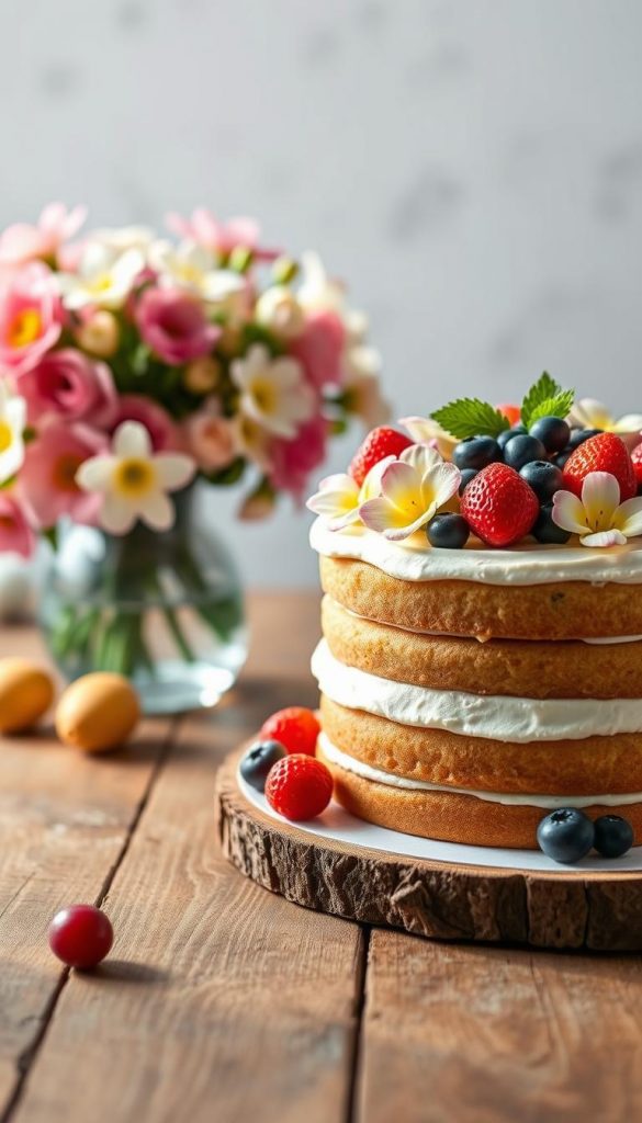 A beautifully decorated spring cake sits elegantly on a rustic wooden table, adorned with fresh fruits like strawberries, kiwi, and blueberries, reflecting vibrant seasonal colors. The cake is layered, showcasing a fluffy sponge and a light cream frosting, embellished with edible flowers for a festive touch. Soft, natural lighting bathes the scene, casting gentle shadows to enhance the inviting atmosphere. In the background, a soft-focus bouquet of spring flowers adds a cheerful ambiance, complementing the cake without distracting from it. The entire composition evokes a warm, celebratory mood, perfect for Easter gatherings and brunches. This image embodies the essence of elegant yet approachable spring desserts, as envisioned by KlickKiste, with a Pinterest-worthy aesthetic that inspires joy and creativity.