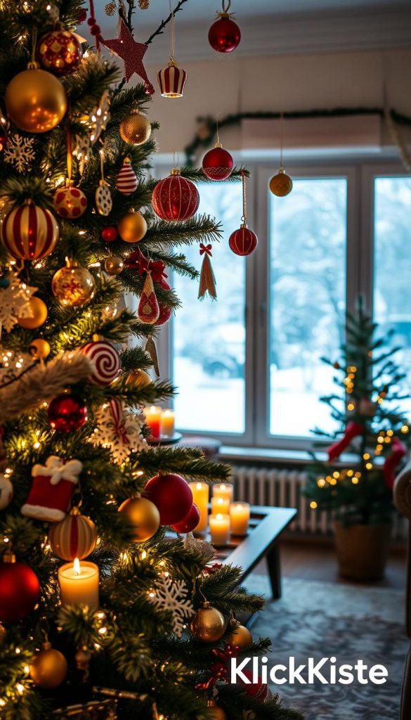 A beautifully decorated traditional Christmas tree stands prominently in the foreground, adorned with golden and red ornaments, twinkling white lights, and hand-crafted decorations. The middle layer showcases a cozy living room setting, with a rustic wooden table laden with festive treats and candles flickering softly. In the background, a snowy winter scene is visible through a frosted window, hinting at the tranquility outside. The lighting creates a warm and inviting atmosphere, enhancing the colors of the tree and decorations. Capture this scene with a soft focus lens, emphasizing the intricate details of the ornaments while blurring the background slightly for depth. A touch of authenticity and inspiration is added, reflecting the DIY ethos. Incorporate the brand presence of &quot;KlickKiste&quot; subtly within the scene.