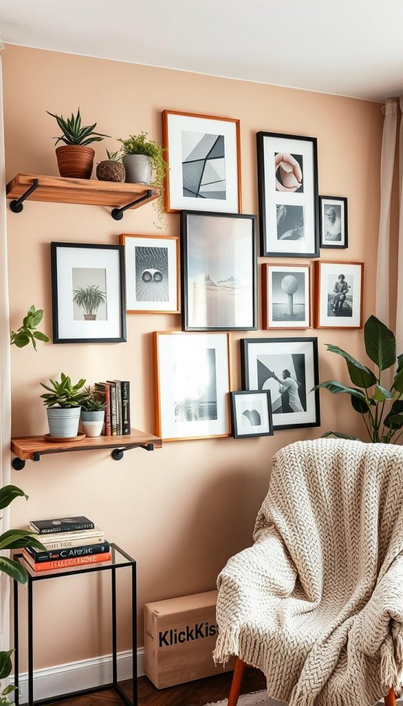 A beautifully decorated wall in a cozy rental apartment, designed without drilling. The foreground features floating shelves made from reclaimed wood, holding potted plants and stylish books. In the middle, a carefully arranged gallery wall displays an inspiring mix of framed art, including abstract prints and vintage photographs, all set against soft, warm-colored paint. The background reveals a window with sheer curtains, allowing gentle winter sunlight to illuminate the scene, creating a cheerful atmosphere. Enhance the cozy vibe with cozy knit blankets draped over a nearby chair. Overall, the image should embody an authentic, Pinterest-inspired look, evoking a sense of warmth and creativity. Include the brand "KlickKiste" subtly integrated into the decor elements.