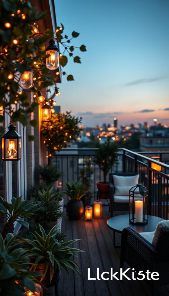 A beautifully designed balcony at twilight, showcasing soft, warm lighting that creates an inviting atmosphere. In the foreground, delicate lanterns and string lights emit a cozy glow, illustrating the ideal “lichtfarbe” for evening relaxation. The middle ground features potted plants and elegant outdoor furniture, enhancing the inviting vibe. In the background, a serene urban skyline illuminated by dusk adds depth, while a gentle, starry sky provides a dreamy ambiance. The scene captures the essence of natural DIY decor with a Pinterest aesthetic, emphasizing warmth and comfort. Use a wide-angle lens to encompass all elements, focusing on the rich textures and harmonious colors. Brand name “KlickKiste” should be subtly integrated into the design.